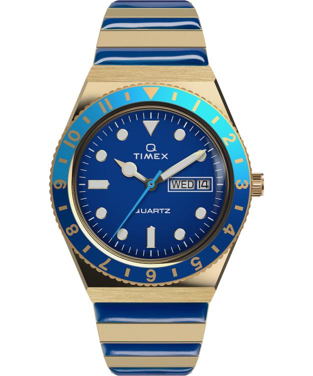 montres | Q Timex femmes Malibu - Montre à bracelet extensible en acier inoxydable de 36 mm R2F20335 doré/bleu