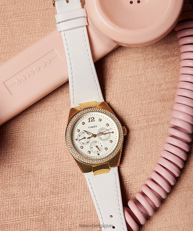 montres | Timex femmes montre multifonction Simone avec bracelet en cuir de 38 mm R2F20364 doré/blanc