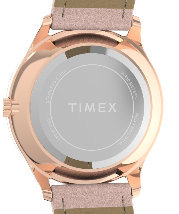 montres | Timex femmes montre moderne et facile à lire avec bracelet en cuir de 32 mm R2F20384 ton doré rose/rose/blanc