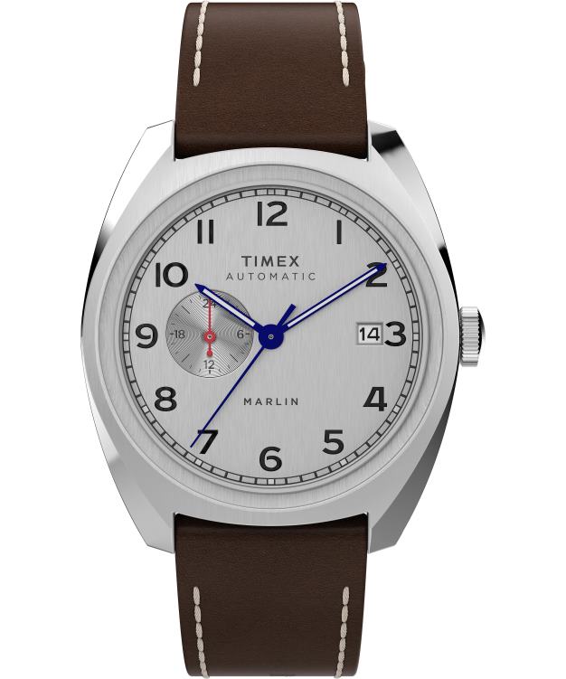 montres | Timex Hommes montre automatique à sous-cadran Marlin avec bracelet en cuir de 39 mm R2F2040 acier inoxydable/marron/argenté