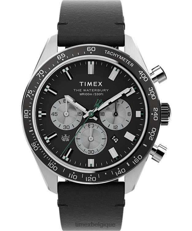 montres | Timex Hommes Montre chronographe Waterbury 41 mm avec bracelet en cuir R2F2091 acier inoxydable/noir/bleu