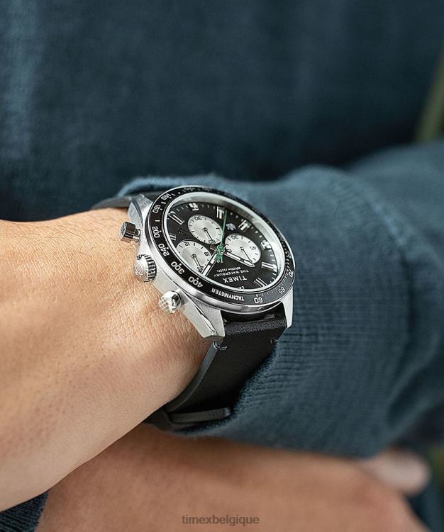 montres | Timex Hommes Montre chronographe Waterbury 41 mm avec bracelet en cuir R2F2091 acier inoxydable/noir/bleu