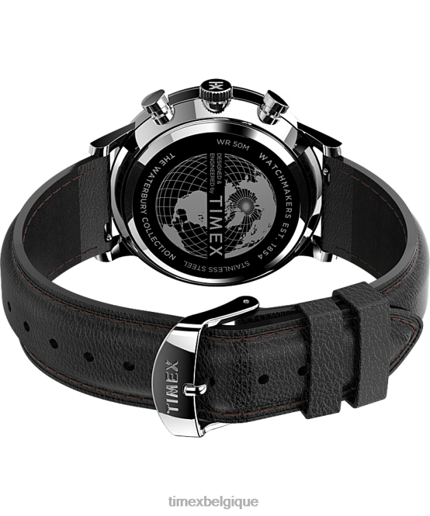 montres | Timex Hommes Montre chronographe classique Waterbury avec bracelet en cuir de 40 mm R2F20106 acier inoxydable/noir/blanc