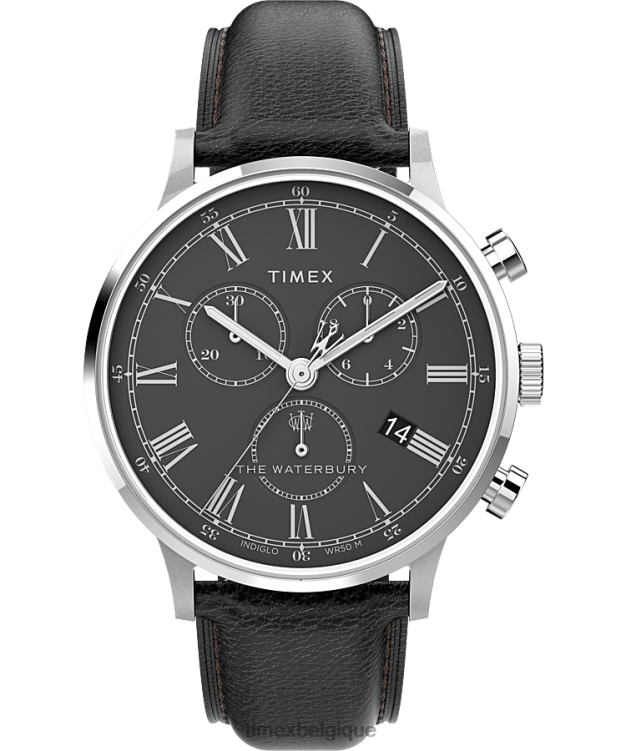 montres | Timex Hommes Montre chronographe classique Waterbury avec bracelet en cuir de 40 mm R2F2087 acier inoxydable/noir