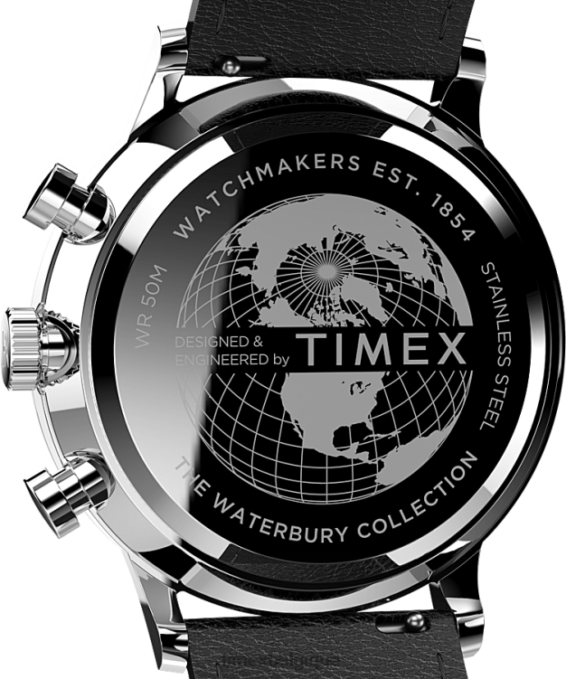 montres | Timex Hommes Montre chronographe classique Waterbury avec bracelet en cuir de 40 mm R2F2087 acier inoxydable/noir