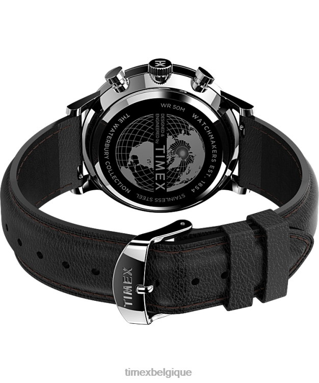 montres | Timex Hommes Montre chronographe classique Waterbury avec bracelet en cuir de 40 mm R2F2087 acier inoxydable/noir