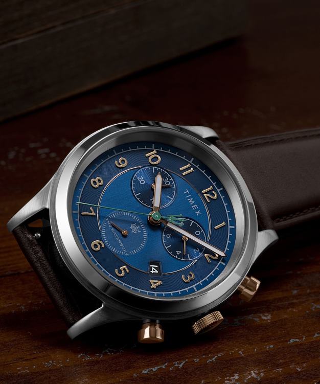 montres | Timex Hommes Montre chronographe traditionnelle Waterbury avec bracelet en cuir de 42 mm R2F2083 acier inoxydable/bleu