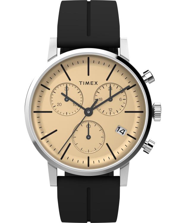 montres | Timex Hommes montre chronographe Midtown 40 mm avec bracelet en caoutchouc synthétique R2F2084 acier inoxydable/noir/champagne