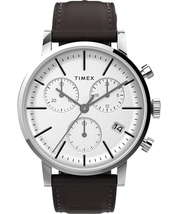 montres | Timex Hommes montre chronographe Midtown 40 mm avec bracelet en cuir R2F2093 acier inoxydable/marron/blanc