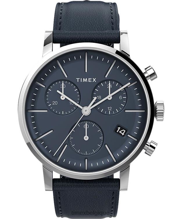 montres | Timex Hommes montre chronographe Midtown 40 mm avec bracelet en cuir R2F2094 acier inoxydable/bleu