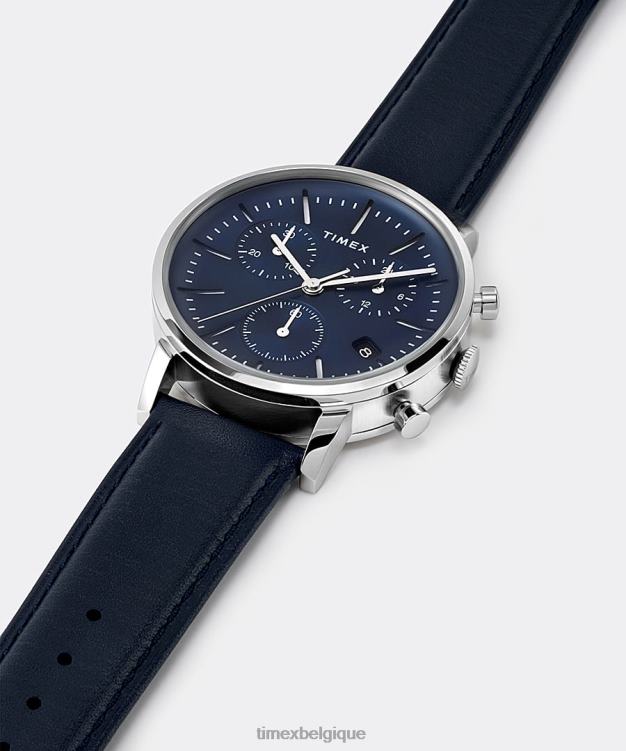 montres | Timex Hommes montre chronographe Midtown 40 mm avec bracelet en cuir R2F2094 acier inoxydable/bleu