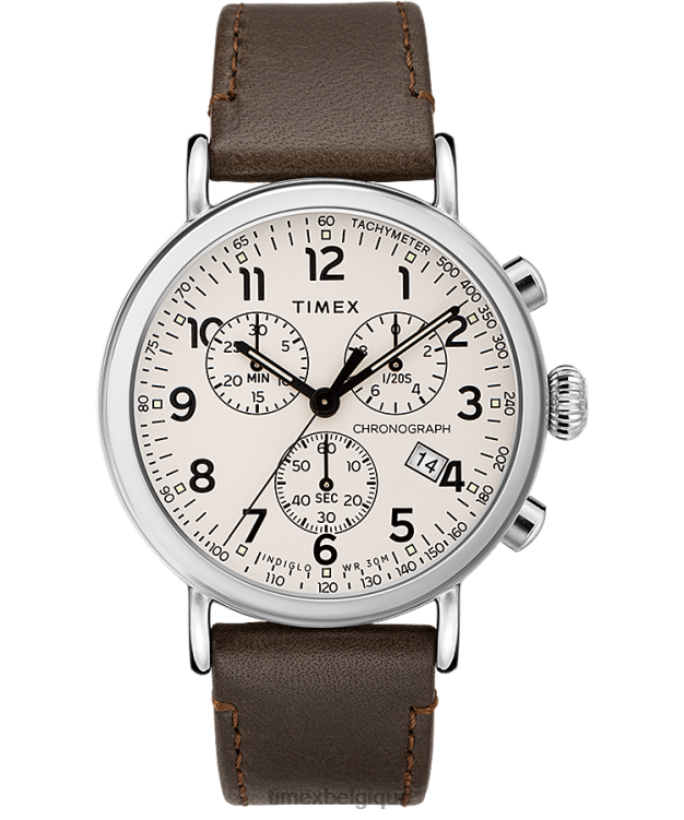 montres | Timex Hommes montre chronographe standard 41 mm avec bracelet en cuir R2F2090 argenté/marron/crème