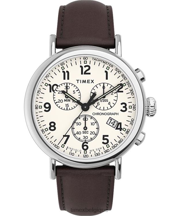 montres | Timex Hommes montre chronographe standard 41 mm avec bracelet en cuir R2F2097 argenté/marron/crème
