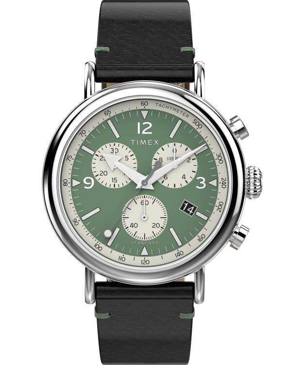 montres | Timex Hommes montre chronographe standard 41 mm avec bracelet en cuir écologique R2F20103 argenté/marron/vert