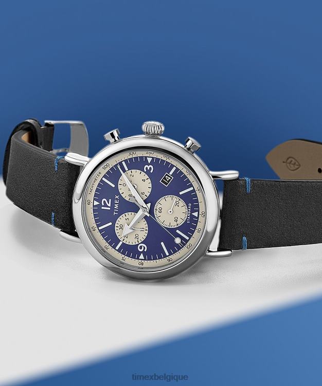montres | Timex Hommes montre chronographe standard 41 mm avec bracelet en cuir écologique R2F2098 argenté/noir/bleu