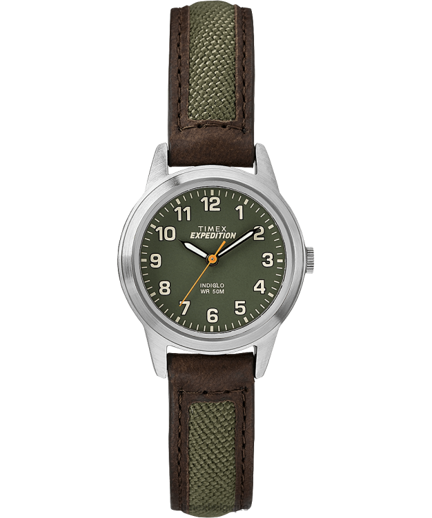 montres | Timex Hommes Montre Expedition Field Mini avec bracelet en cuir de 26 mm R2F2025 chrome/marron/vert