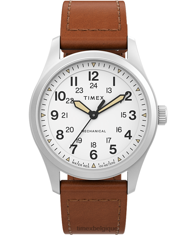 montres | Timex Hommes Montre mécanique Expedition North Field Post avec bracelet en cuir écologique de 38 mm R2F203 acier inoxydable/marron/blanc