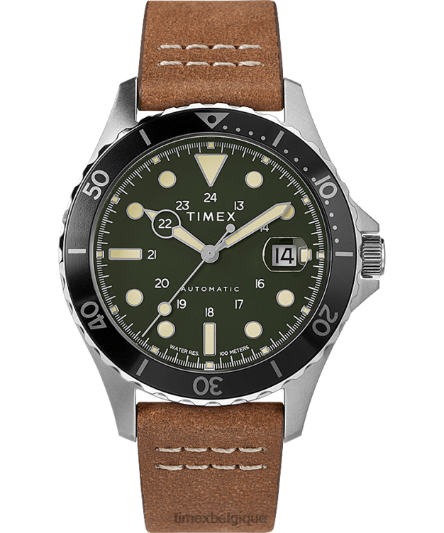 montres | Timex Hommes montre navi xl automatique 41 mm avec bracelet en cuir R2F2010 acier inoxydable/marron/vert