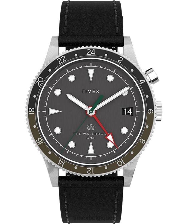 montres | Timex Hommes montre waterbury traditionnelle gmt 39 mm bracelet en cuir R2F202 acier inoxydable/noir