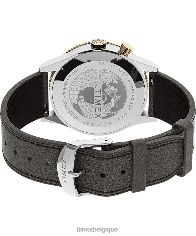 montres | Timex Hommes montre waterbury traditionnelle gmt 39 mm bracelet en cuir R2F205 acier inoxydable/marron/bleu