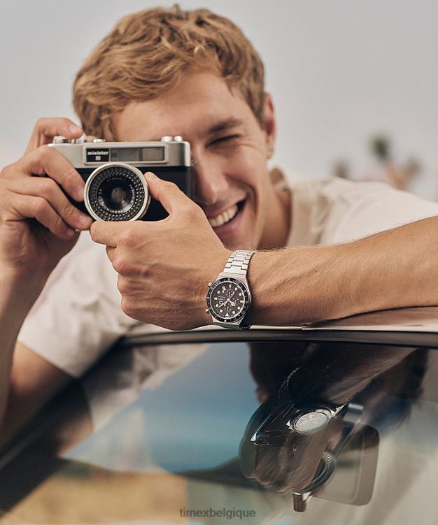 montres | Q Timex Hommes Montre chronographe à trois fuseaux horaires, bracelet en acier inoxydable de 40mm R2F2061 acier inoxydable/noir/autre