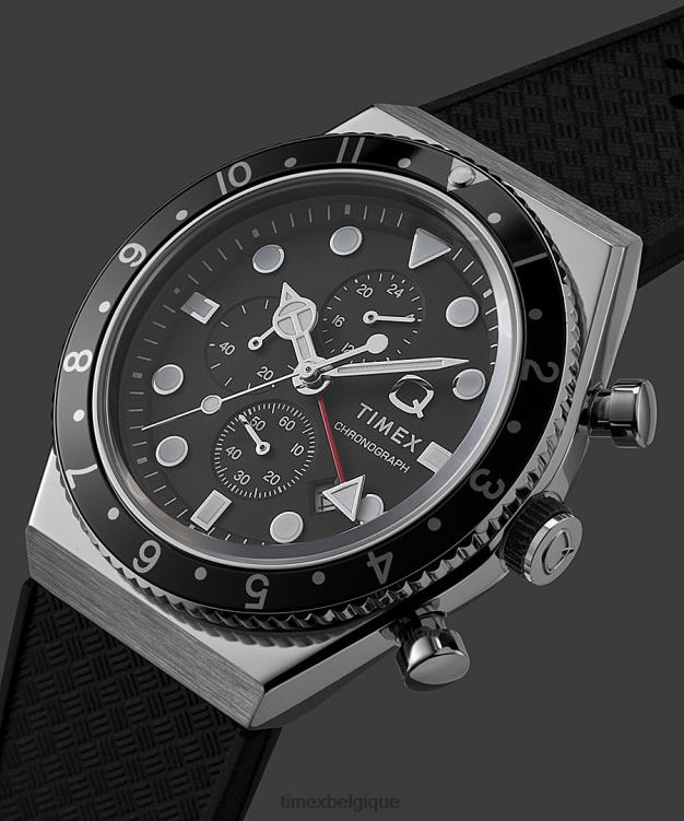 montres | Q Timex Hommes Montre chronographe à trois fuseaux horaires, bracelet en caoutchouc synthétique de 40 mm R2F2062 acier inoxydable/noir