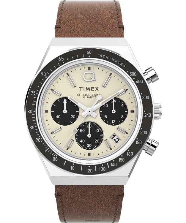 montres | Q Timex Hommes montre chronographe 40 mm avec bracelet en cuir R2F2066 acier inoxydable/marron/crème