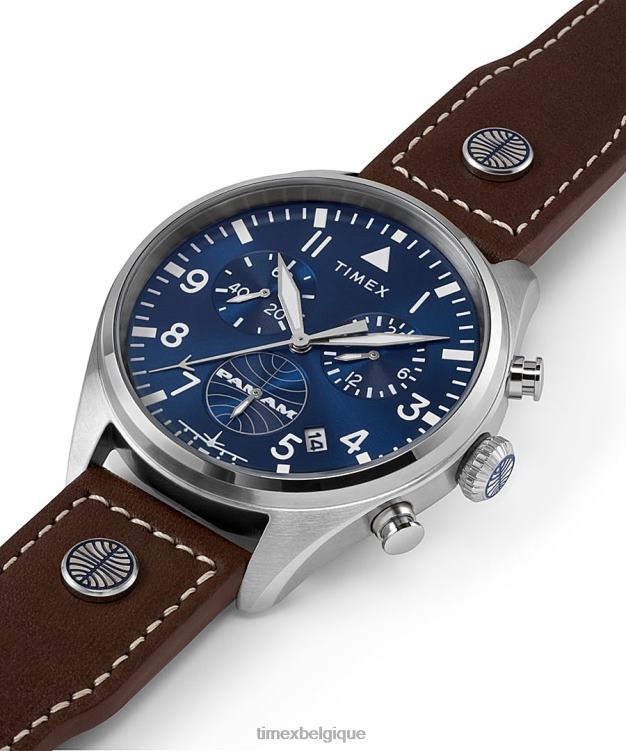 montres | Timex x Hommes montre chronographe pan am 42 mm avec bracelet en cuir R2F2080 acier inoxydable/marron/bleu