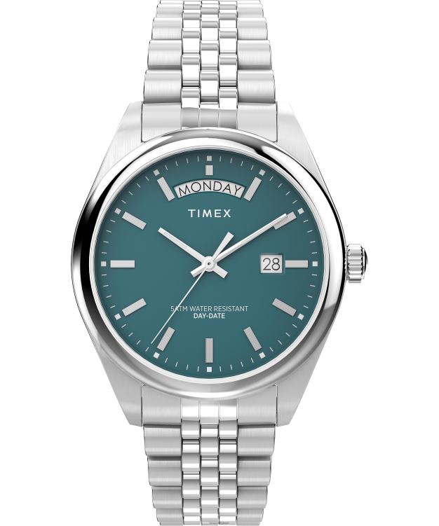 montres | Timex Hommes Montre-bracelet en acier inoxydable Legacy Day et Date de 41 mm R2F20163 acier inoxydable/bleu sarcelle