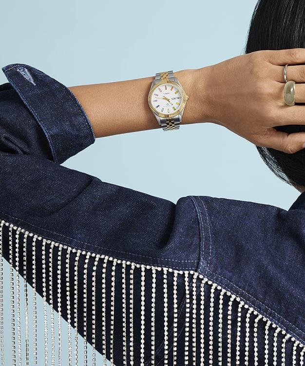 montres | Timex Hommes montre-bracelet en acier inoxydable Legacy Rainbow de 36 mm R2F20155 bicolore/blanc