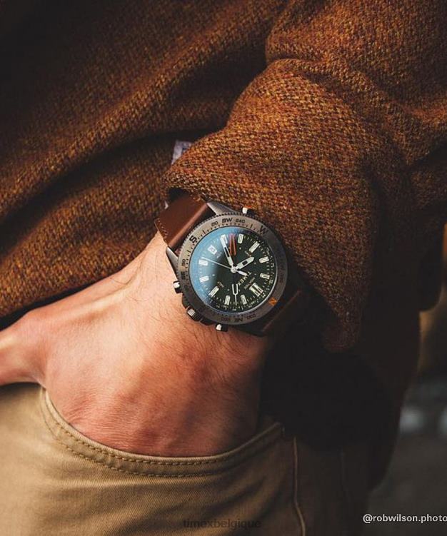 montres | Timex Hommes Montre Expédition North Tide-Temp-Compass 43 mm avec bracelet en cuir écologique R2F20226 bronze/marron/vert