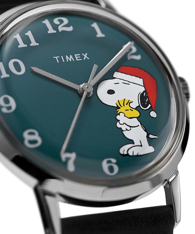 montres | Timex Hommes Montre Marlin à remontage manuel x Snoopy Holiday avec bracelet en cuir de 34 mm R2F20185 acier inoxydable/noir/bleu