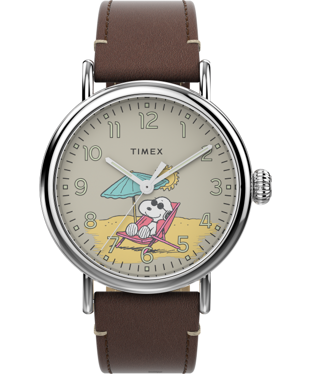 montres | Timex Hommes Montre Standard X Peanuts avec Snoopy à la plage, bracelet en cuir de 40 mm R2F20225 argenté/marron/beige