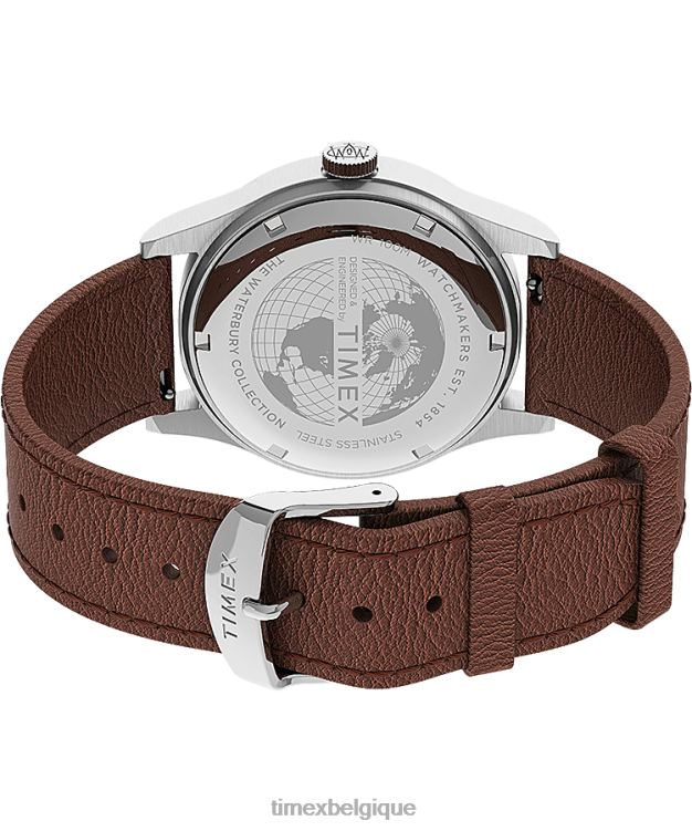montres | Timex Hommes Montre Waterbury traditionnelle jour-date 39 mm, bracelet en cuir R2F20227 acier inoxydable/beige/bleu