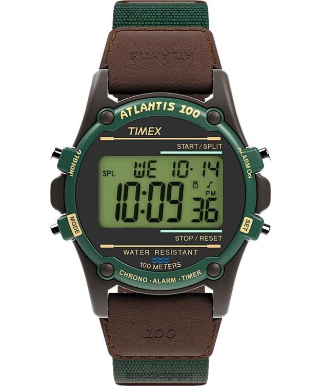 montres | Timex Hommes montre atlantis 40 mm en tissu et bracelet en cuir R2F20238 marron/vert