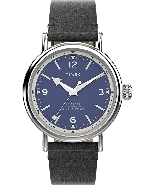 montres | Timex Hommes montre à bracelet en cuir écologique standard de 40 mm R2F20193 argenté/noir/bleu