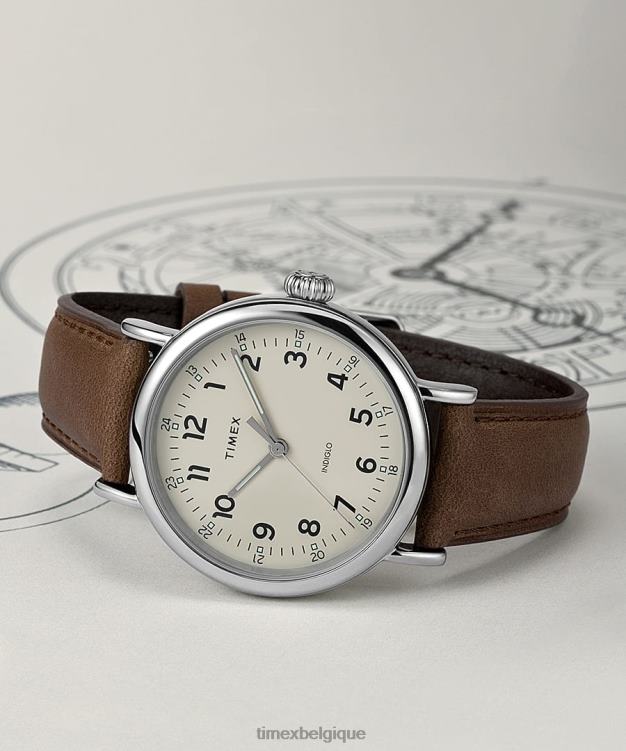 montres | Timex Hommes montre à bracelet en cuir standard de 40 mm R2F20195 argenté/marron/crème