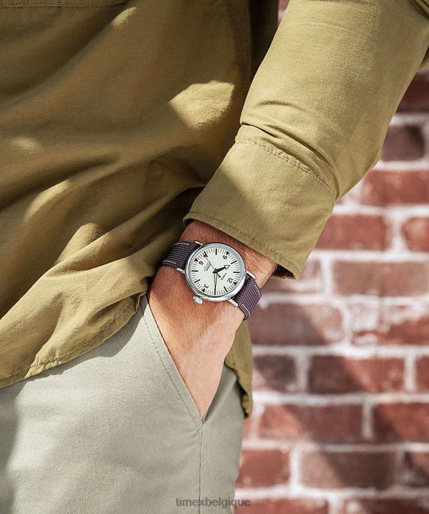 montres | Timex Hommes montre à bracelet en tissu standard de 40 mm R2F20191 argenté/marron/crème