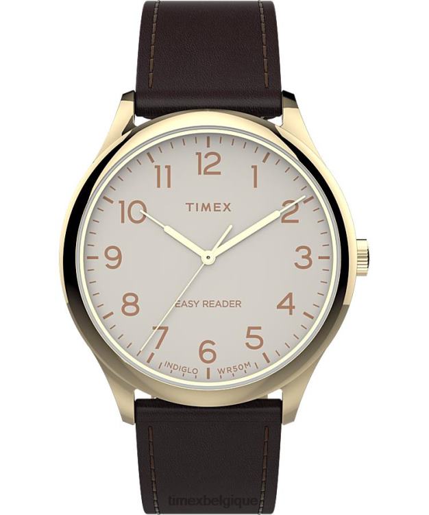 montres | Timex Hommes montre facile à lire avec bracelet en cuir de 40 mm R2F20234 doré/crème