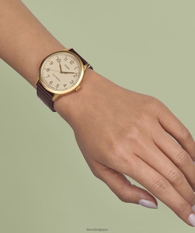 montres | Timex Hommes montre facile à lire avec bracelet en cuir de 40 mm R2F20234 doré/crème