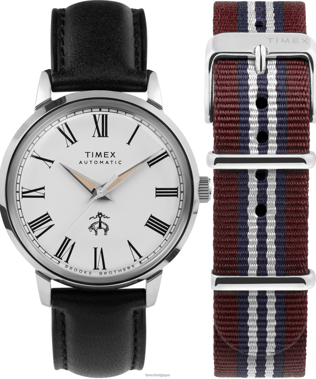 montres | Timex x Hommes Brooks Brothers Marlin automatique 38 mm bracelet en cuir et bracelet en tissu R2F20174 acier inoxydable/noir/crème
