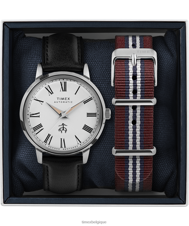montres | Timex x Hommes Brooks Brothers Marlin automatique 38 mm bracelet en cuir et bracelet en tissu R2F20174 acier inoxydable/noir/crème