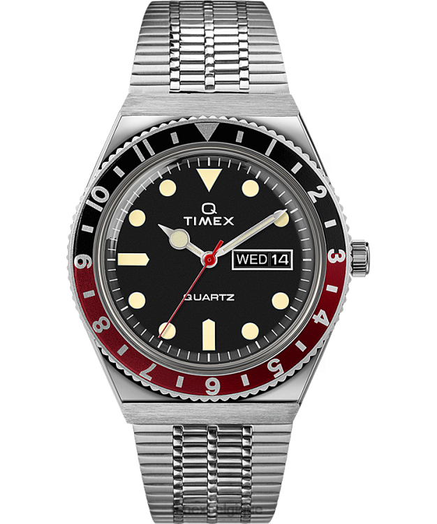 montres | Q Timex Hommes réédition montre-bracelet en acier inoxydable de 38 mm R2F20110 acier inoxydable/noir/rouge