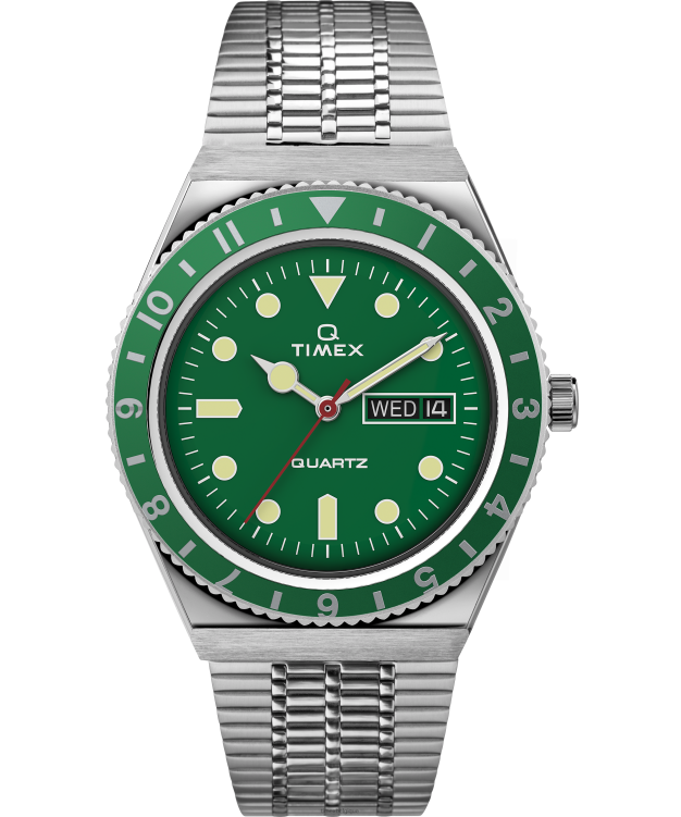 montres | Q Timex Hommes réédition montre-bracelet en acier inoxydable de 38 mm R2F20113 acier inoxydable/vert
