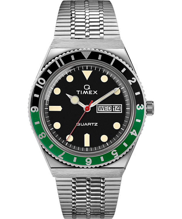 montres | Q Timex Hommes réédition montre-bracelet en acier inoxydable de 38 mm R2F20122 acier inoxydable/noir/vert