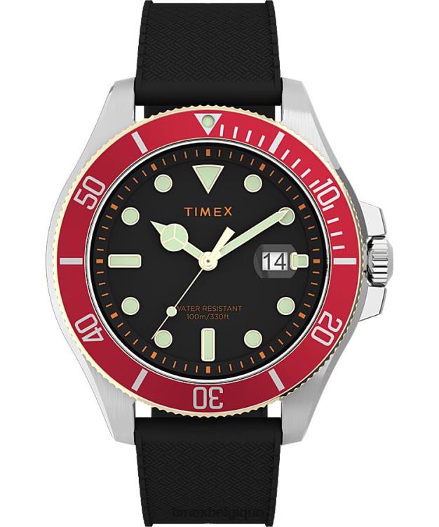 montres | Timex Hommes montre Harbourside Coast 43 mm avec bracelet en caoutchouc R2F20131 argenté/noir/rouge