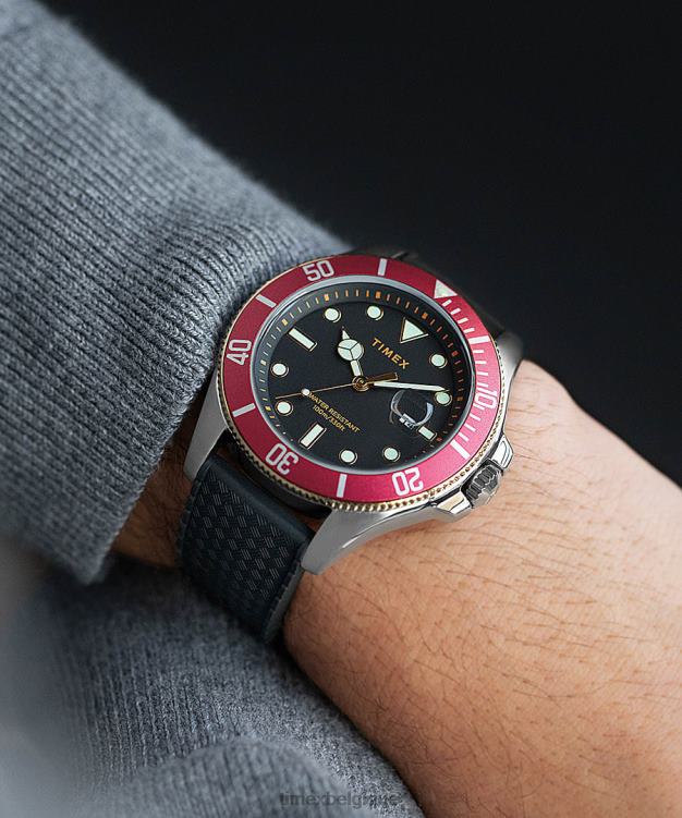 montres | Timex Hommes montre Harbourside Coast 43 mm avec bracelet en caoutchouc R2F20131 argenté/noir/rouge