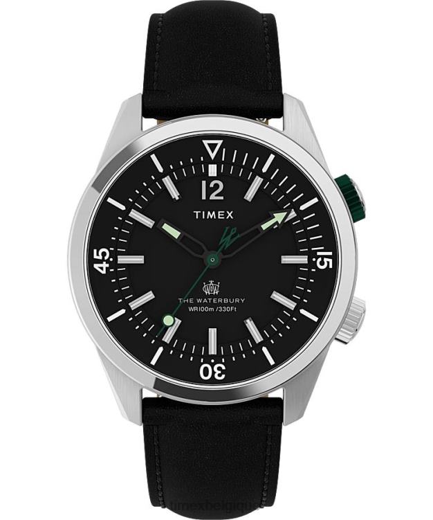 montres | Timex Hommes montre de plongée Waterbury avec bracelet en cuir de 41 mm R2F20109 acier inoxydable/noir/vert