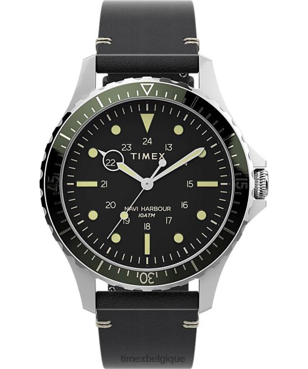 montres | Timex Hommes montre navi xl 41 mm avec bracelet en cuir R2F20116 acier inoxydable/noir/vert