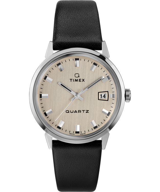 montres | Q Timex Hommes Montre à bracelet en cuir de 35 mm, réédition de 1978 R2F20294 acier inoxydable/noir/argenté